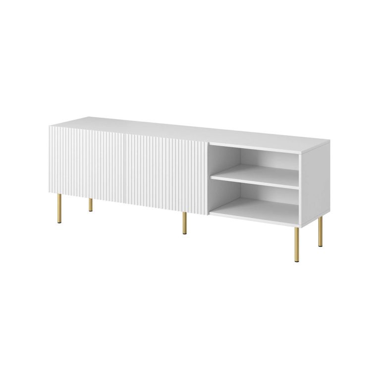 Mobile porta TV Guarda, Madia da salotto con quattro ante battenti, Rialzato da terra, 150x42 h52 cm, Bianco