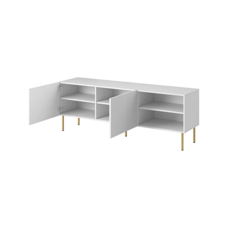 Mobile porta TV Guarda, Madia da salotto con quattro ante battenti, Rialzato da terra, 150x42 h52 cm, Bianco