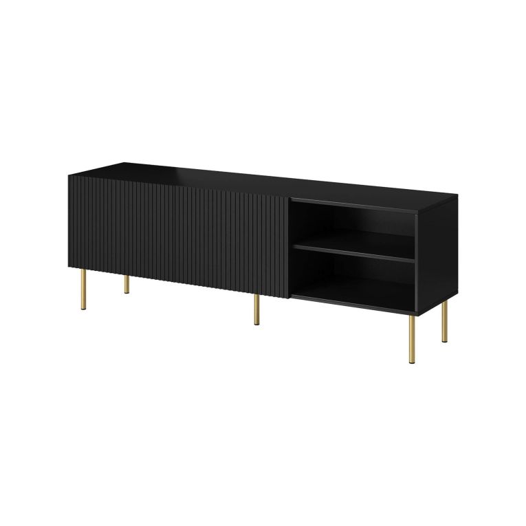 Mobile porta TV Guarda, Madia da salotto con quattro ante battenti, Rialzato da terra, 150x42 h52 cm, Nero