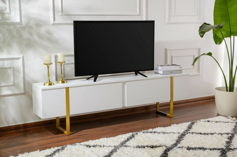 Mobile porta TV Gussola, Credenza da soggiorno, Armadio basso per TV, Base parete attrezzata, 180x30 h50 cm, Bianco e Oro