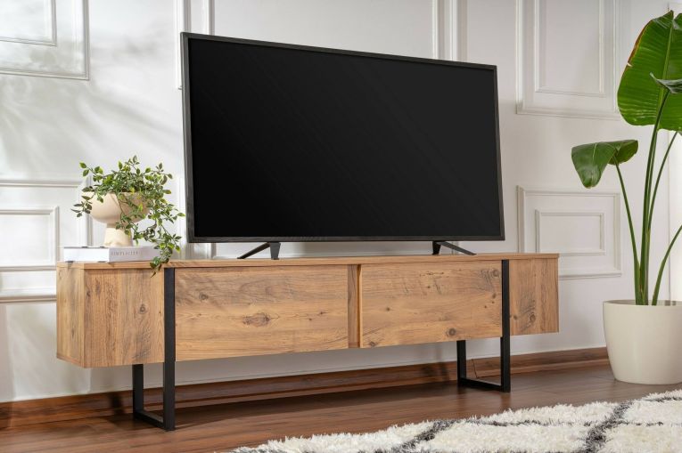 Mobile porta TV Gussola, Credenza da soggiorno, Armadio basso per TV, Base parete attrezzata, 180x30 h50 cm, Pino e Nero