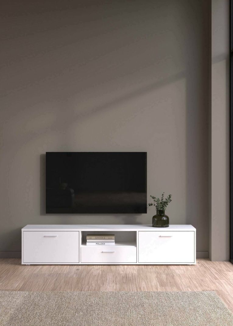 Mobile porta TV Harmonie, Credenza da soggiorno, Armadio basso per TV, Base parete attrezzata, 40x177 h38 cm, Bianco