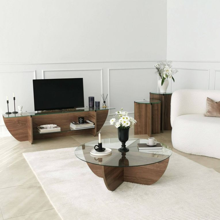 Mobile porta TV Heka, Supporto per televisione da salotto, Credenza bassa da soggiorno, Base porta TV, 158x35h40 cm, Noce