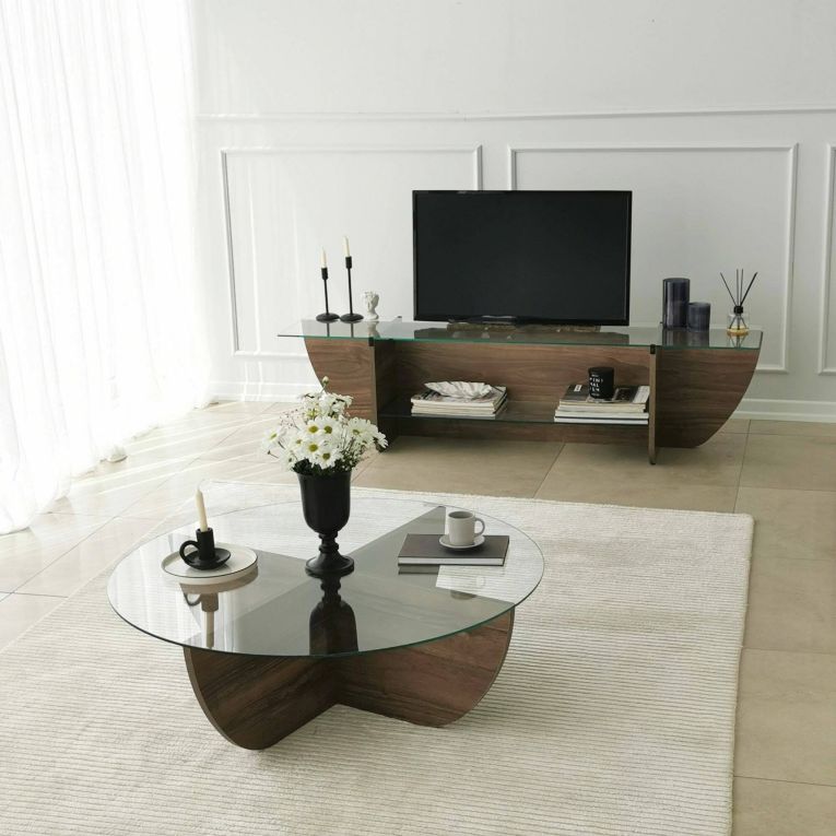 Mobile porta TV Heka, Supporto per televisione da salotto, Credenza bassa da soggiorno, Base porta TV, 158x35h40 cm, Noce