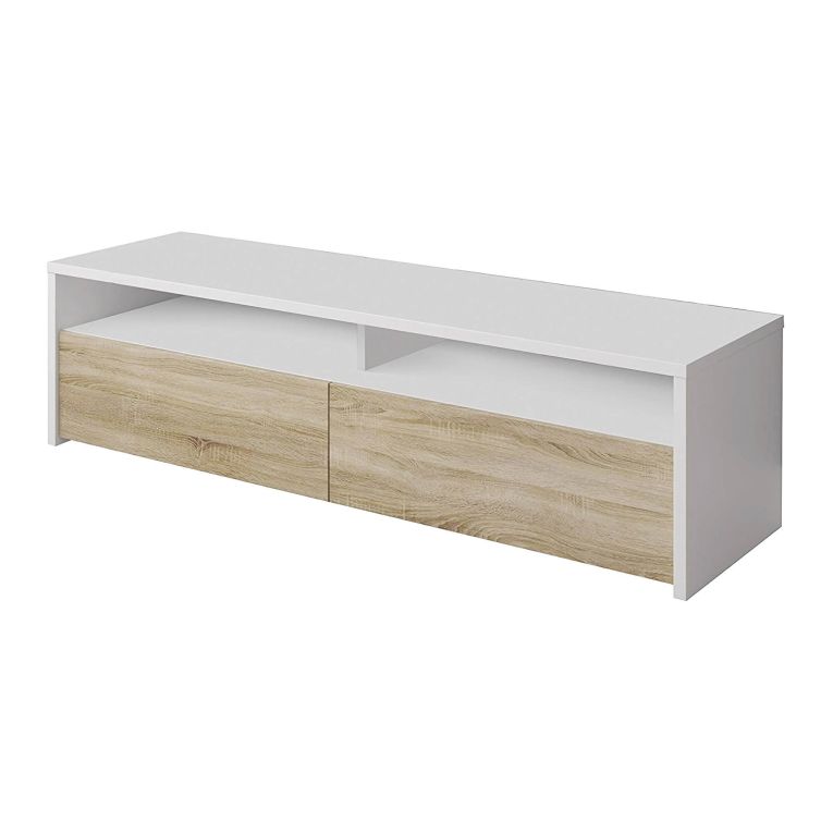 Mobile porta TV Henderson, Credenza per televisione da soggiorno con 2 ante, Supporto TV, Buffet moderno basso da salotto, 130x40h36 cm, Bianco e Rovere