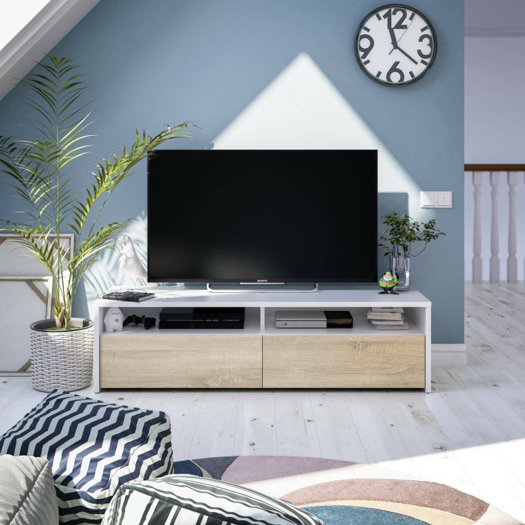 Mobile porta TV Henderson, Credenza per televisione da soggiorno con 2 ante, Supporto TV, Buffet moderno basso da salotto, 130x40h36 cm, Bianco e Rovere