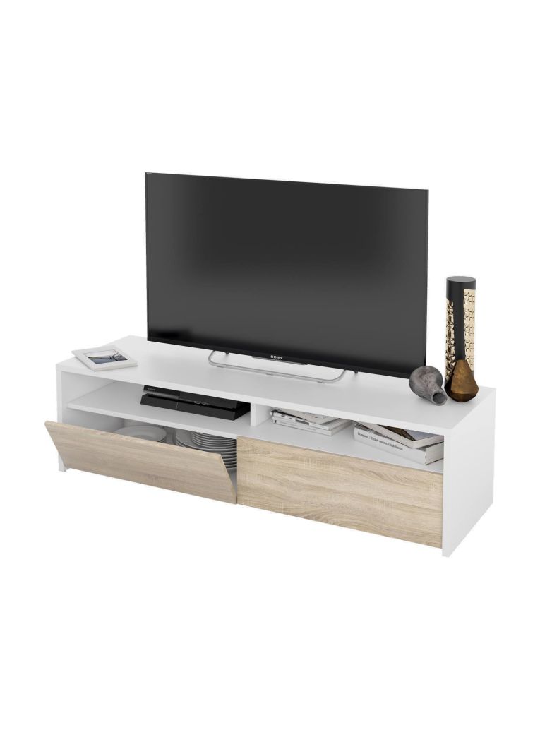 Mobile porta TV Henderson, Credenza per televisione da soggiorno con 2 ante, Supporto TV, Buffet moderno basso da salotto, 130x40h36 cm, Bianco e Rovere