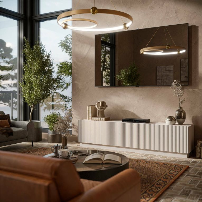Mobile porta TV Horta, Madia da salotto con quattro ante battenti, Design minimal e moderno, 200x40 h48 cm, Beige