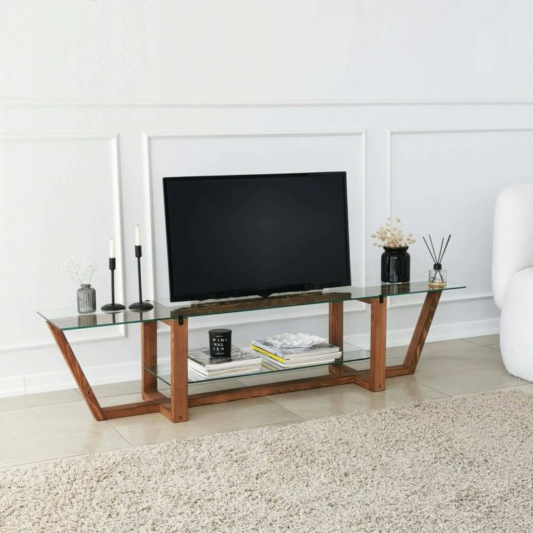 Mobile porta TV Icarus, Supporto per televisione da salotto, Credenza bassa da soggiorno, Base porta TV, 158x35h35 cm, Noce