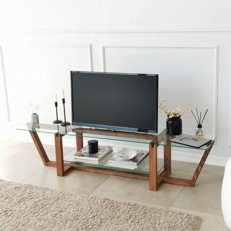 Mobile porta TV Icarus, Supporto per televisione da salotto, Credenza bassa da soggiorno, Base porta TV, 158x35h35 cm, Noce