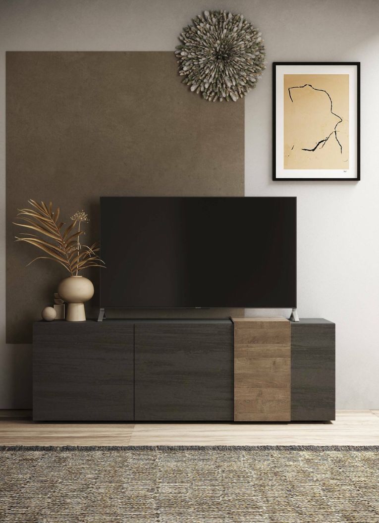 Mobile porta TV Iseo, Credenza da soggiorno, Armadio basso per TV, Base parete attrezzata, Made in Italy, 181x44 h59 cm, Ardesia e Noce