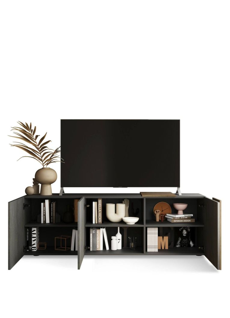 Mobile porta TV Iseo, Credenza da soggiorno, Armadio basso per TV, Base parete attrezzata, Made in Italy, 181x44 h59 cm, Ardesia e Noce