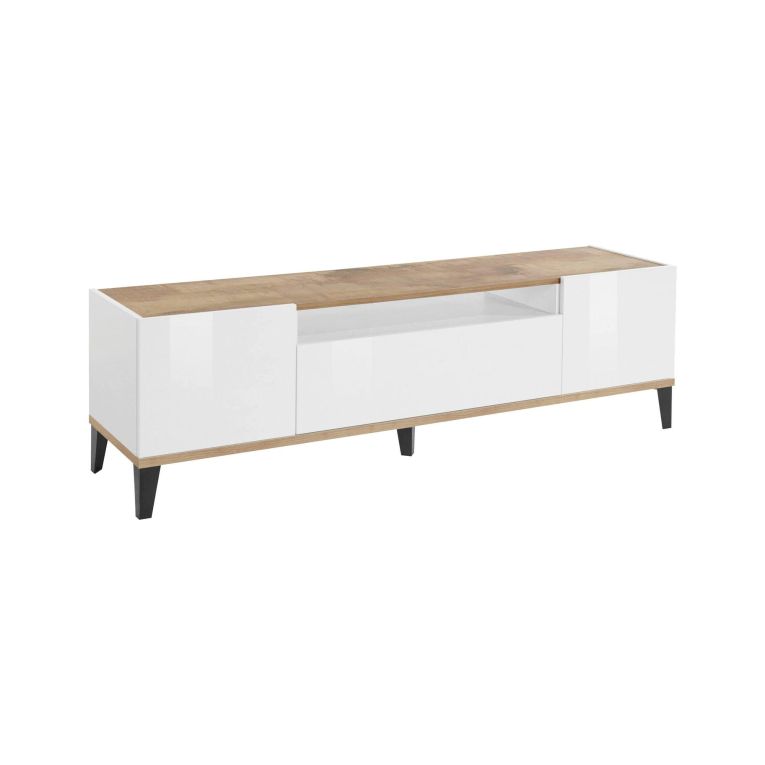 Mobile porta TV Ivan, Credenza bassa da soggiorno a 2 ante, Base porta TV, 100% Made in Italy, cm 160x40h47, Bianco lucido e Acero