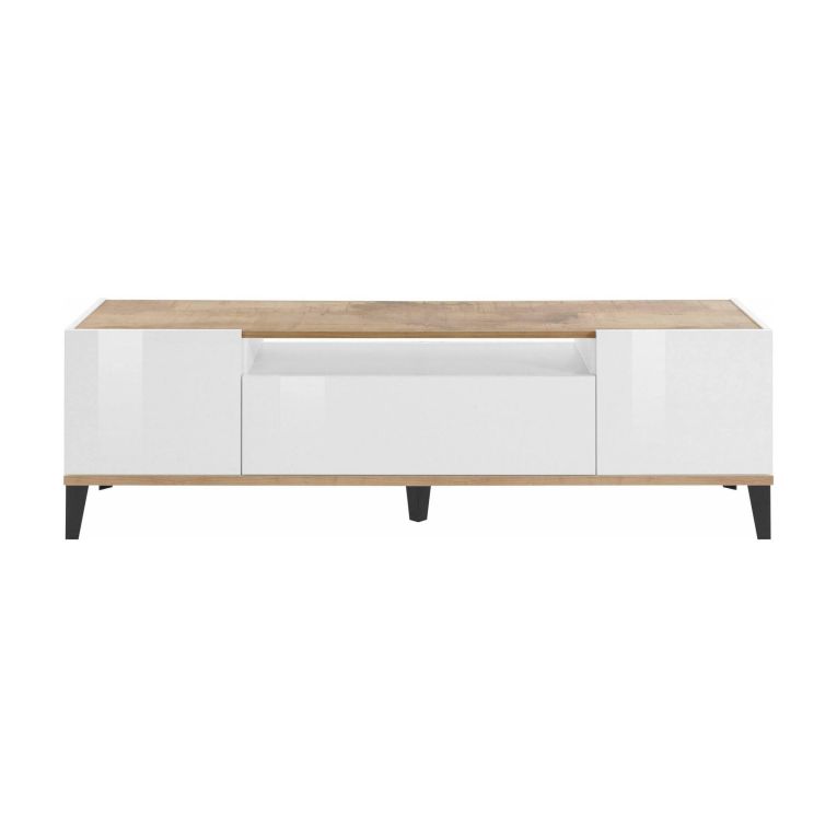 Mobile porta TV Ivan, Credenza bassa da soggiorno a 2 ante, Base porta TV, 100% Made in Italy, cm 160x40h47, Bianco lucido e Acero