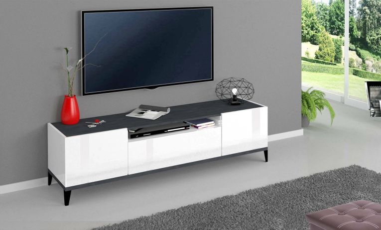 Mobile porta TV Ivan, Credenza bassa da soggiorno a 2 ante, Base porta TV, 100% Made in Italy, cm 160x40h47, Bianco lucido e Ardesia
