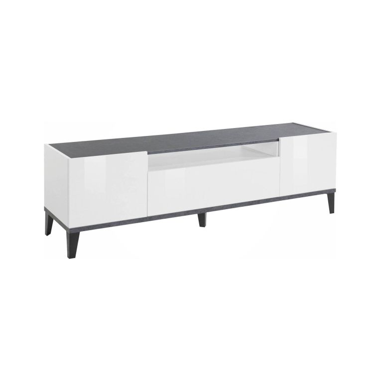 Mobile porta TV Ivan, Credenza bassa da soggiorno a 2 ante, Base porta TV, 100% Made in Italy, cm 160x40h47, Bianco lucido e Ardesia