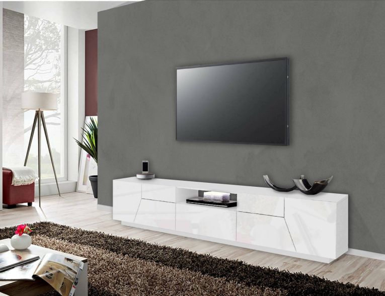 Mobile porta TV Jacopo, Credenza bassa da soggiorno, Base porta TV, 100% Made in Italy, cm 220x43h46, Bianco lucido