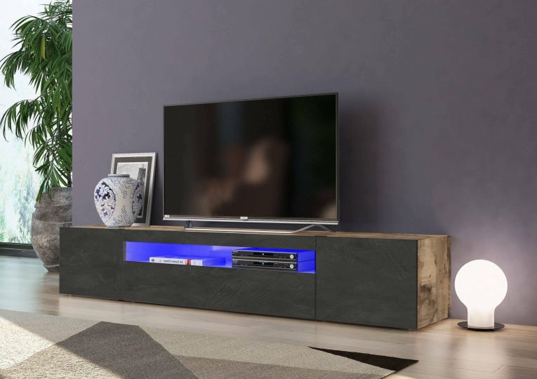 Mobile porta TV Jesse, Credenza bassa da soggiorno a 3 ante, Base porta TV, 100% Made in Italy, cm 200x40h37, Acero e Ardesia, con luce LED