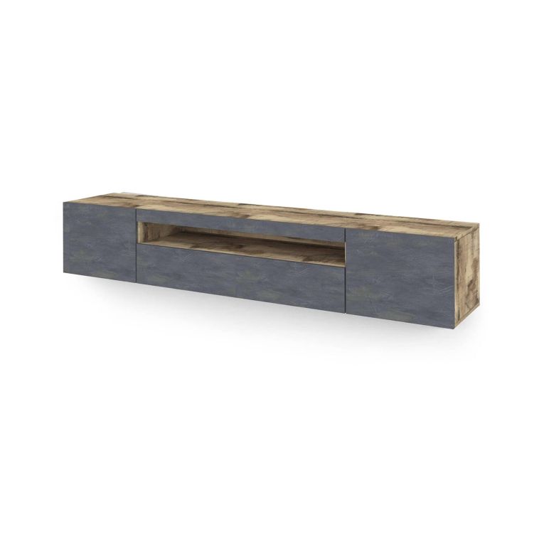 Mobile porta TV Jesse, Credenza bassa da soggiorno a 3 ante, Base porta TV, 100% Made in Italy, cm 200x40h37, Acero e Ardesia, con luce LED