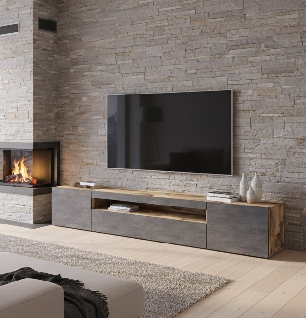 Mobile porta TV Jesse, Credenza bassa da soggiorno a 3 ante, Base porta TV, 100% Made in Italy, cm 200x40h37, Acero e Ardesia, con luce LED