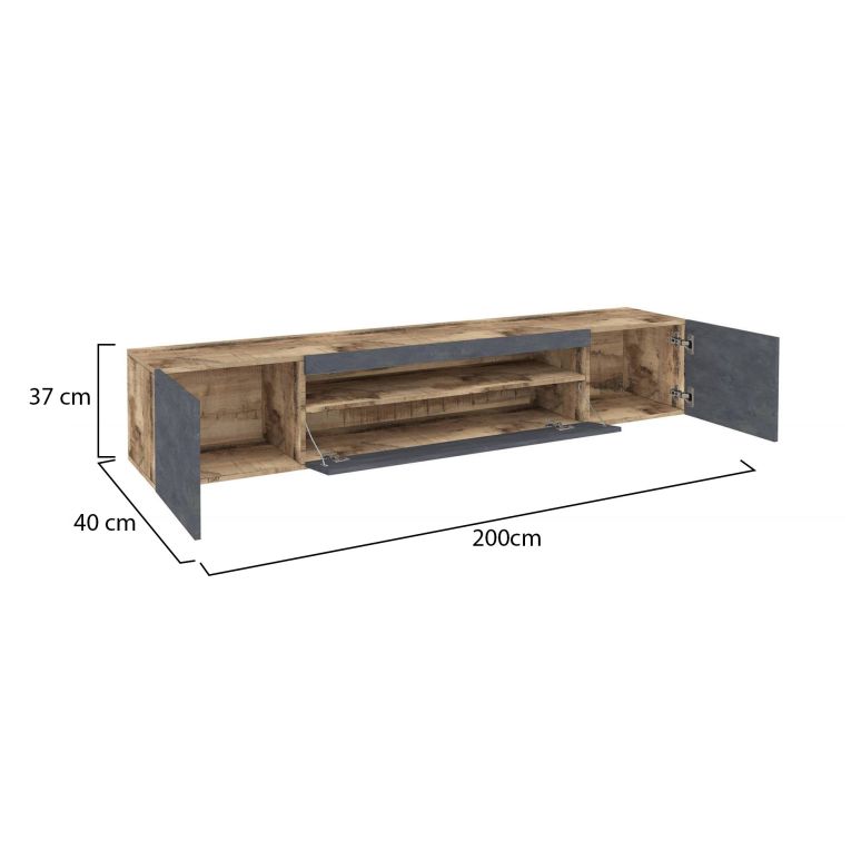 Mobile porta TV Jesse, Credenza bassa da soggiorno a 3 ante, Base porta TV, 100% Made in Italy, cm 200x40h37, Acero e Ardesia, con luce LED