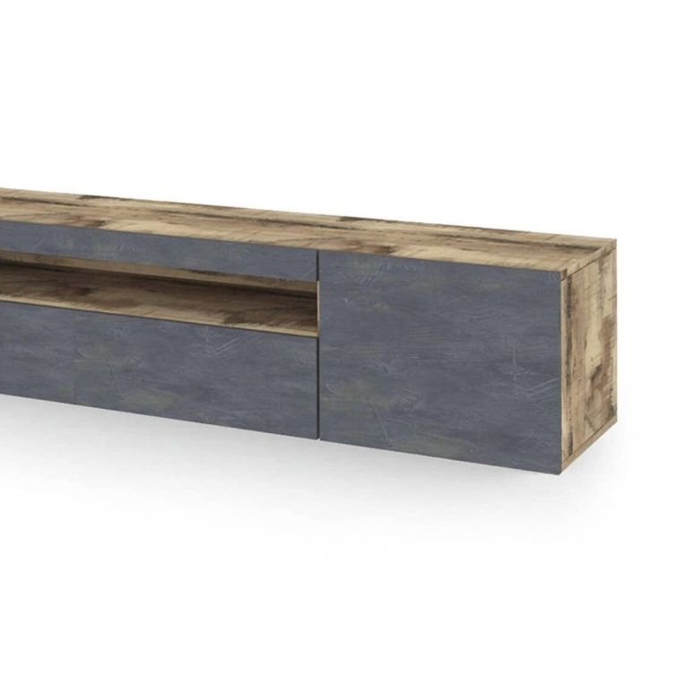 Mobile porta TV Jesse, Credenza bassa da soggiorno a 3 ante, Base porta TV, 100% Made in Italy, cm 200x40h37, Acero e Ardesia, con luce LED