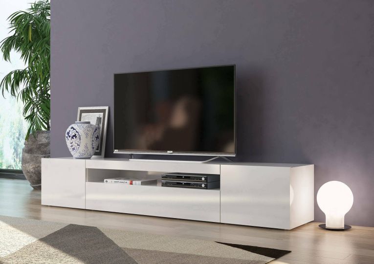Mobile porta TV Jesse, Credenza bassa da soggiorno a 3 ante, Base porta TV, 100% Made in Italy, cm 200x40h37, Bianco lucido