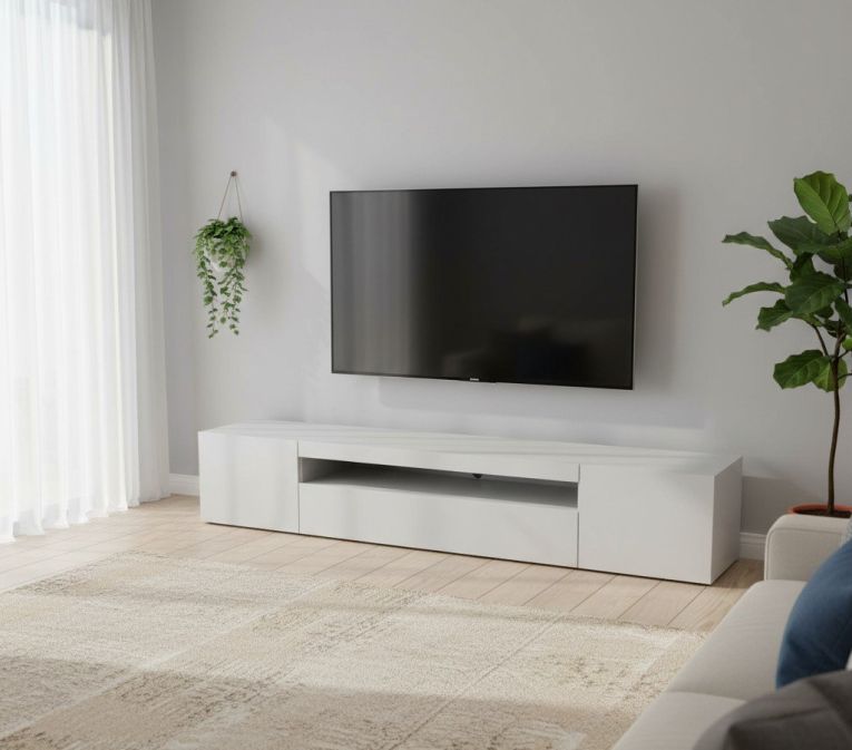 Mobile porta TV Jesse, Credenza bassa da soggiorno a 3 ante, Base porta TV, 100% Made in Italy, cm 200x40h37, Bianco lucido
