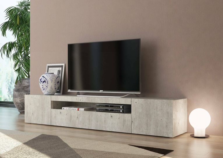 Mobile porta TV Jesse, Credenza bassa da soggiorno a 3 ante, Base porta TV, 100% Made in Italy, cm 200x40h37, Cemento