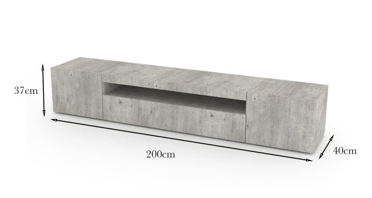 Mobile porta TV Jesse, Credenza bassa da soggiorno a 3 ante, Base porta TV, 100% Made in Italy, cm 200x40h37, Cemento, con luce LED