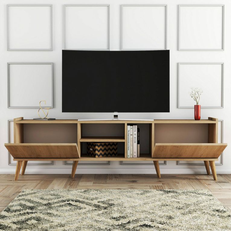 Mobile porta TV Jocasta, Credenza da soggiorno, Armadio basso per TV, Base parete attrezzata, 180x34 h52 cm, Quercia