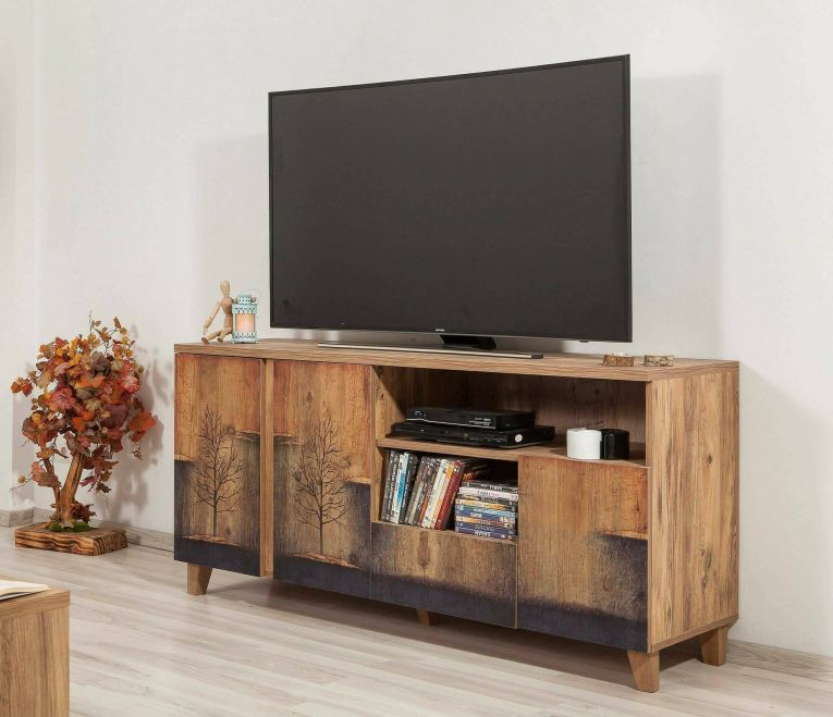 Mobile porta TV Justitia, Credenza da soggiorno, Armadio basso per TV, Base parete attrezzata, 160x45 h76 cm, Quercia