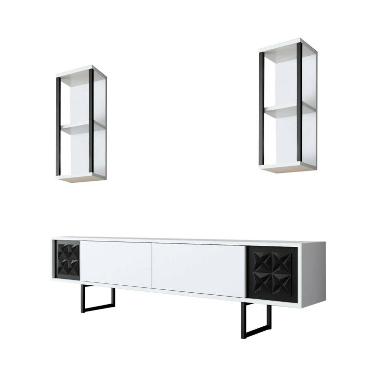 Mobile porta TV Kaus, Supporto per televisione da salotto, Credenza bassa da soggiorno, Base porta TV, 180x30h48 cm, Bianco e Nero