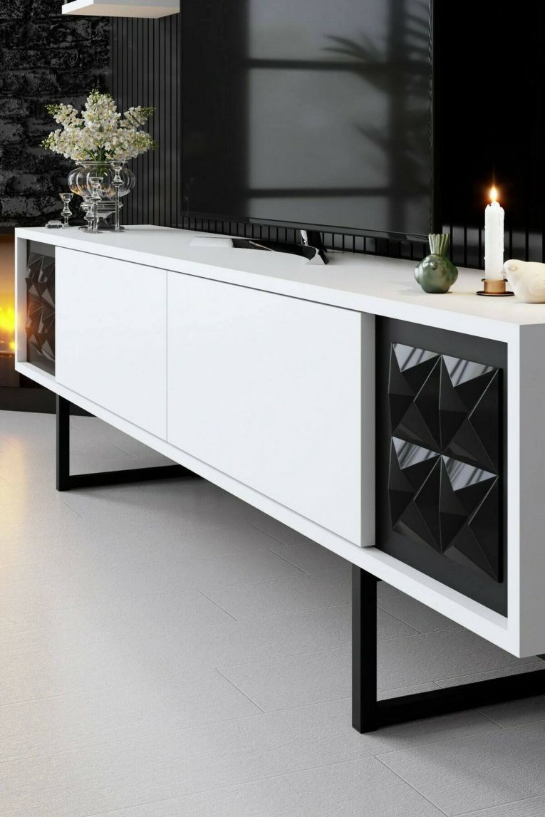 Mobile porta TV Kaus, Supporto per televisione da salotto, Credenza bassa da soggiorno, Base porta TV, 180x30h48 cm, Bianco e Nero