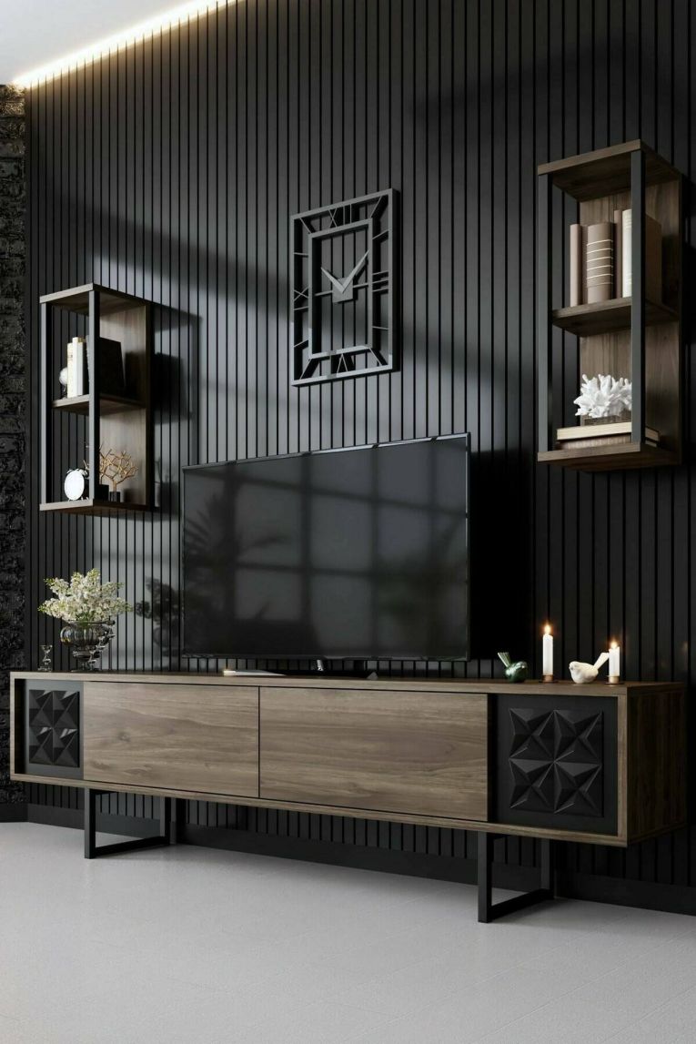 Mobile porta TV Kaus, Supporto per televisione da salotto, Credenza bassa da soggiorno, Base porta TV, 180x30h48 cm, Noce e Nero