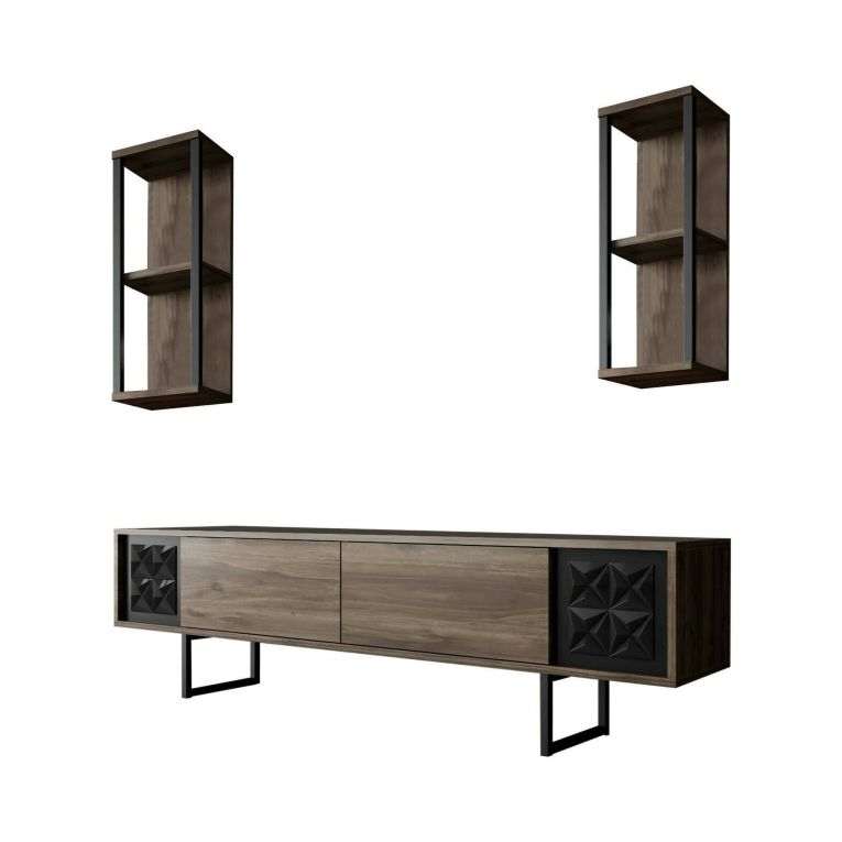 Mobile porta TV Kaus, Supporto per televisione da salotto, Credenza bassa da soggiorno, Base porta TV, 180x30h48 cm, Noce e Nero