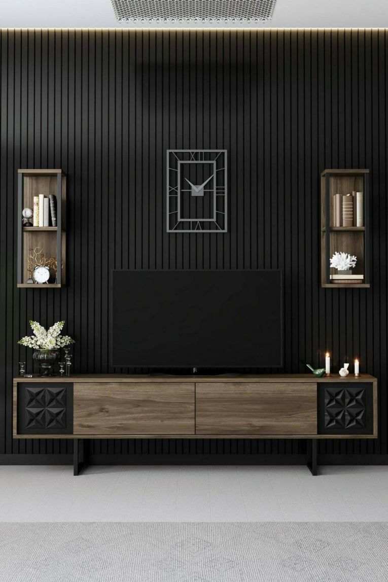 Mobile porta TV Kaus, Supporto per televisione da salotto, Credenza bassa da soggiorno, Base porta TV, 180x30h48 cm, Noce e Nero