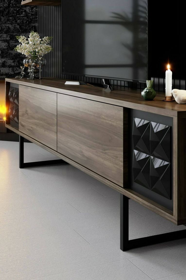 Mobile porta TV Kaus, Supporto per televisione da salotto, Credenza bassa da soggiorno, Base porta TV, 180x30h48 cm, Noce e Nero