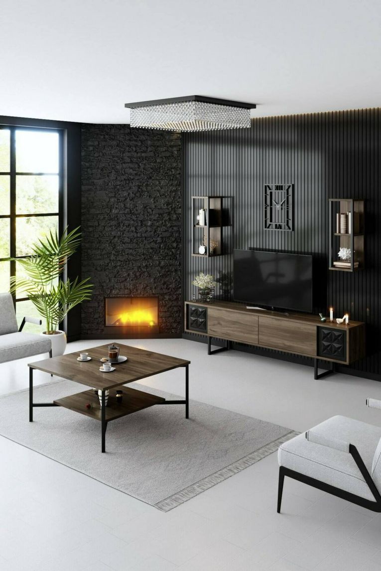 Mobile porta TV Kaus, Supporto per televisione da salotto, Credenza bassa da soggiorno, Base porta TV, 180x30h48 cm, Noce e Nero