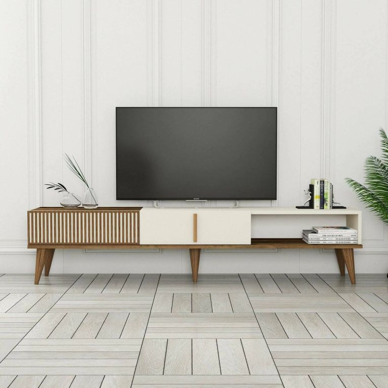 Mobile porta TV Kepler, Credenza da soggiorno, Armadio basso per TV, Base parete attrezzata, 180x35 h40 cm, Noce e Crema