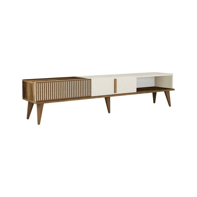 Mobile porta TV Kepler, Credenza da soggiorno, Armadio basso per TV, Base parete attrezzata, 180x35 h40 cm, Noce e Crema