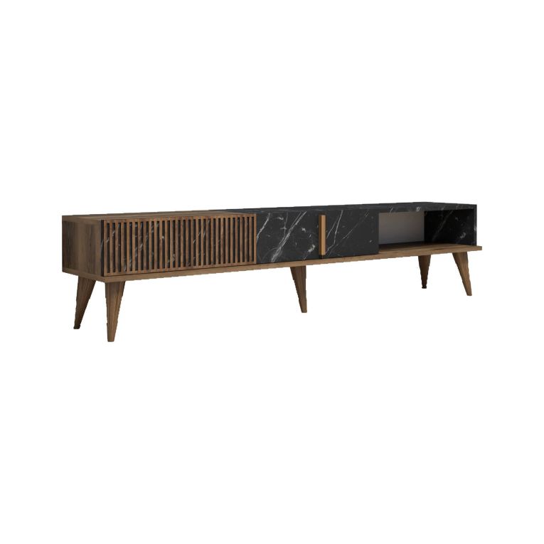 Mobile porta TV Kepler, Credenza da soggiorno, Armadio basso per TV, Base parete attrezzata, 180x35 h40 cm, Noce e Nero