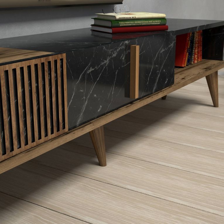 Mobile porta TV Kepler, Credenza da soggiorno, Armadio basso per TV, Base parete attrezzata, 180x35 h40 cm, Noce e Nero