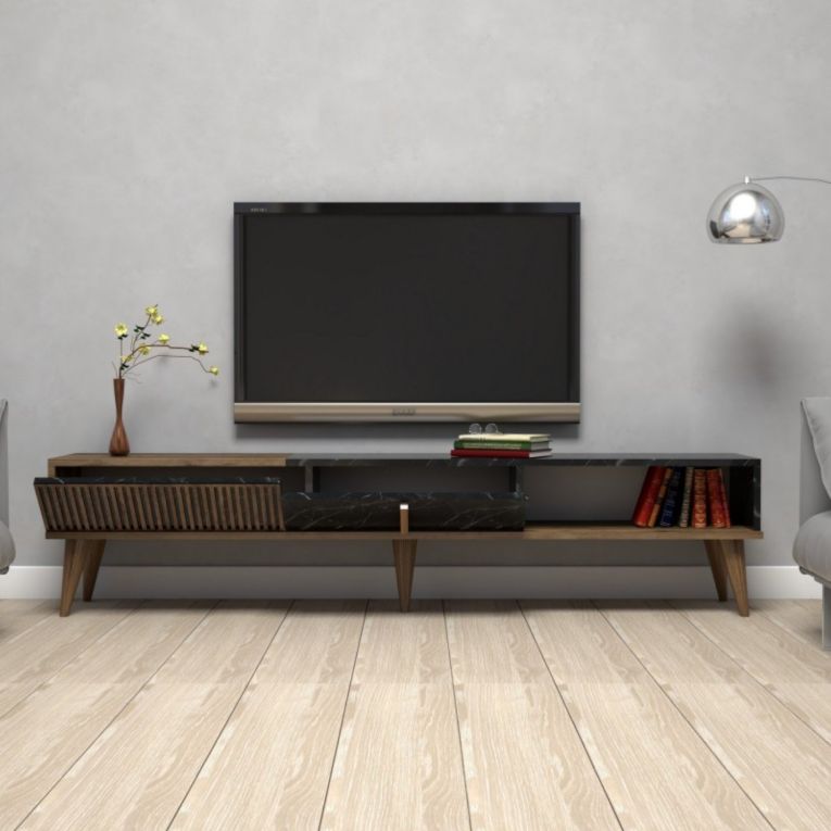 Mobile porta TV Kepler, Credenza da soggiorno, Armadio basso per TV, Base parete attrezzata, 180x35 h40 cm, Noce e Nero