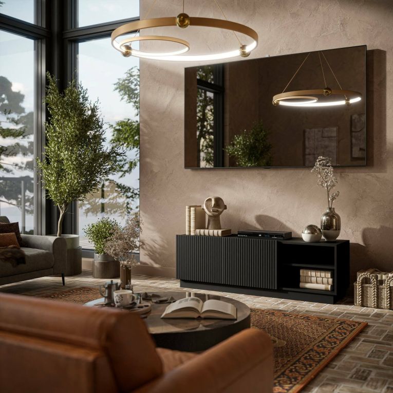 Mobile porta TV Lagoa, Madia da salotto con due ante battenti, Design minimal e moderno, 150x40 h48 cm, Nero