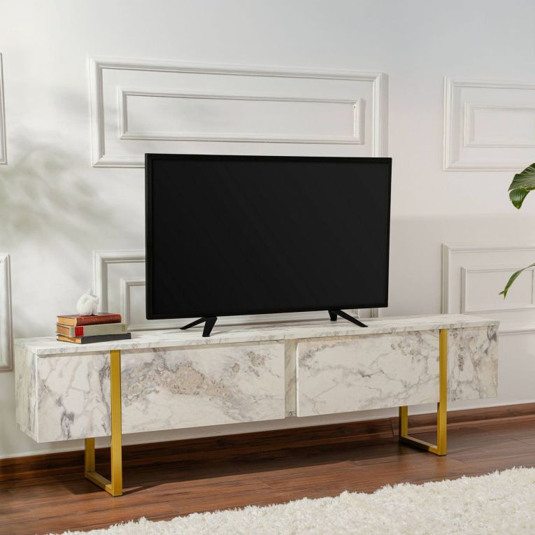 Mobile porta TV Lilith, 180x30 h50 cm, Marmo e Oro
