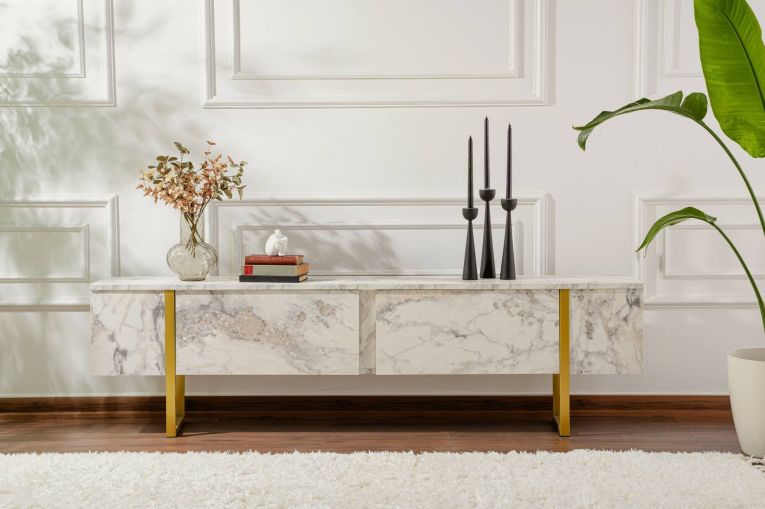 Mobile porta TV Lilith, 180x30 h50 cm, Marmo e Oro