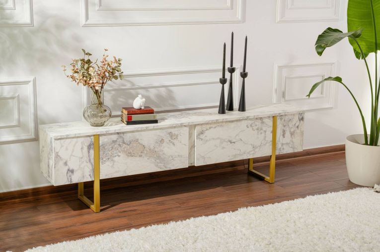 Mobile porta TV Lilith, 180x30 h50 cm, Marmo e Oro