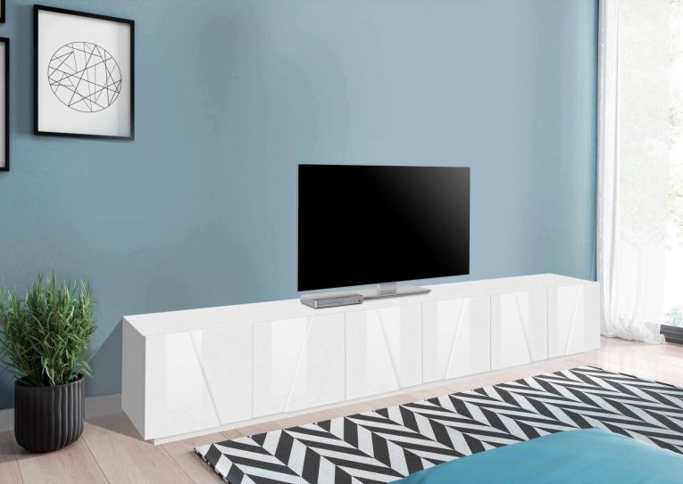 Mobile porta TV Lucas, Credenza bassa da soggiorno, Base porta TV, 100% Made in Italy, cm 244x44h46, Bianco lucido