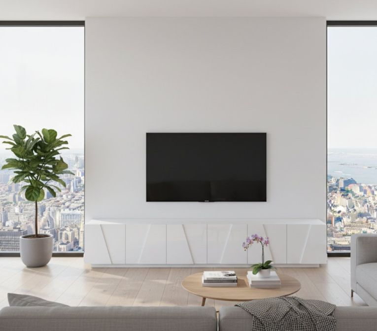 Mobile porta TV Lucas, Credenza bassa da soggiorno, Base porta TV, 100% Made in Italy, cm 244x44h46, Bianco lucido